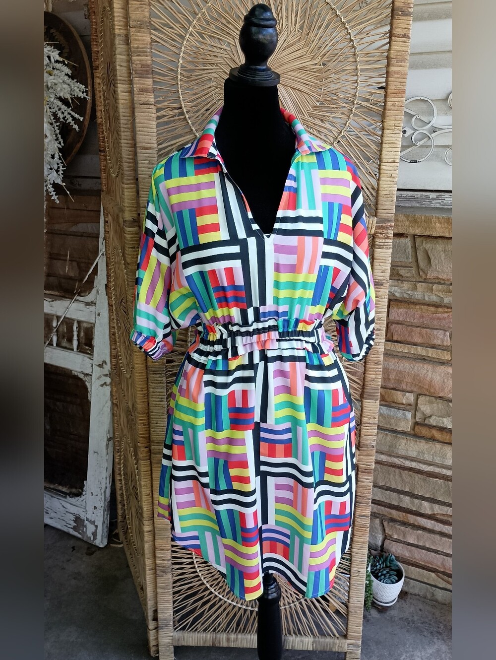 Emily McCarthy Colorblock Striped V-Neck Shirt Dress With Pockets- Multicolor_S